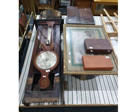 Oak carcase of a longcase clock including the hood, a barometer, a framed print and two boxes of bone-handled knives 