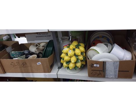 Large quantity of assorted ceramics including vases, plates, a ceramic model of lemons, green Emile Henry dinner plates, etc 