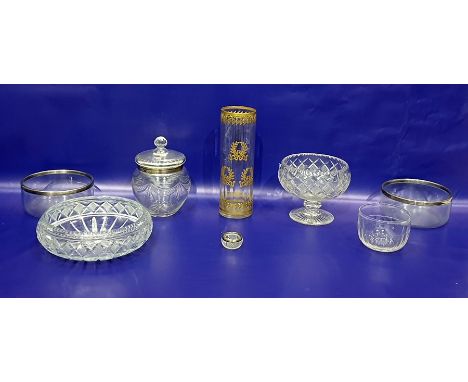 Cut glass circular lidded jar with silver mounts, further cut glass bowls, gold and enamel decorated cylindrical vase and a s