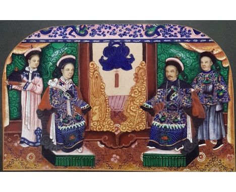 Chinese rice paper painting, portrait of dignitaries, husband and wife, seated on thrones, with two attendants, in round arch
