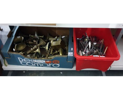 Various assorted brass candlesticks, chambersticks, carriage clock, brass jug and large quantity of stainless steel and other