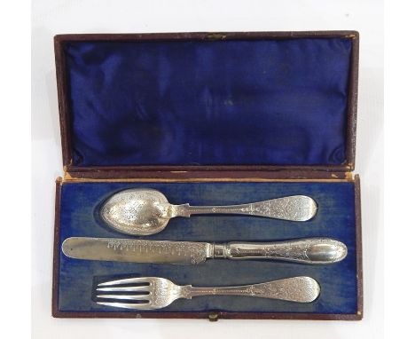 Victorian child's silver christening set, London 1871, three pieces viz:- fork, spoon and silver-handled knife, all flowerhea
