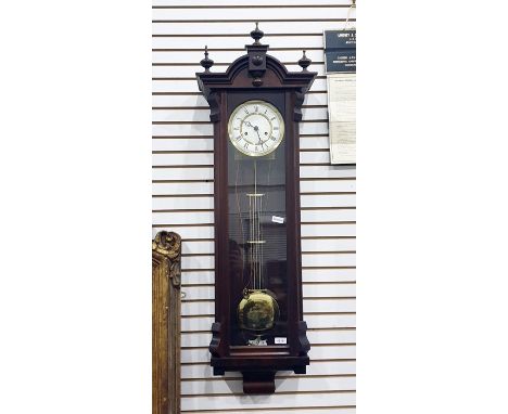 19th century style mahogany cased Vienna regulator wall clock with enamel dial and roman numerals, twin train striking moveme