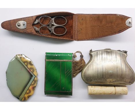 Bead purse with floral decoration, a silver plated purse, a Japanese green enamel compact with integral pencil, another Japan