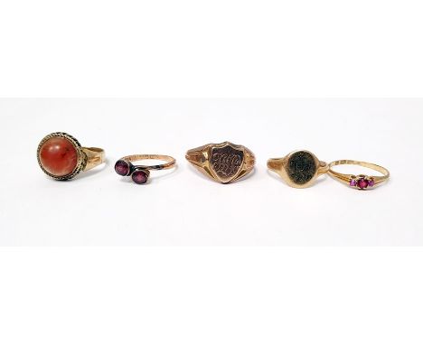 18ct gold signet ring, 9ct gold ring set two small red stones (possibly garnets), 18ct gold small ring set three small stones