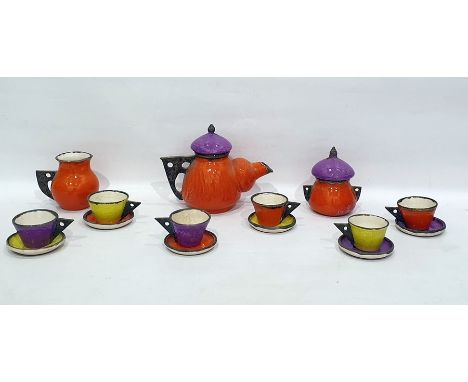 Spanish studio pottery tea set by Churriana, bearing monogram to base, gourd-shaped form to the teapot with purple lid, abstr