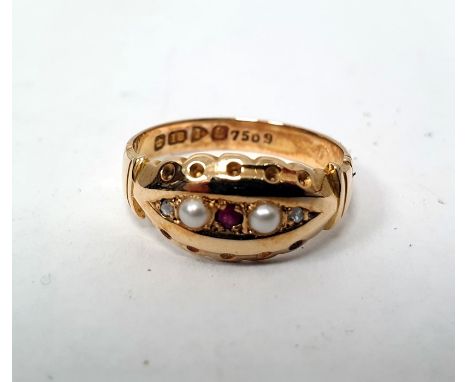 18ct gold, ruby, seedpearl and diamond ring set centre ruby flanked by pair seedpearls and pair tiny diamonds, approx 2.3g&nb