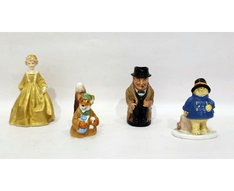 Porcelain figures to include Coalport 'Paddington' and 'Basil at Bedtime', Royal Doulton character jug 'Winston Churchill , R