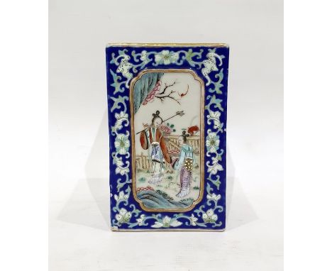 Chinese porcelain vase of square form, each side decorated with panels of figures conversing or exotic birds amongst foliage,