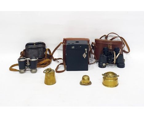 Pair of Delacroix 8x40 binoculars, a further pair of binoculars, a box camera and a small quantity of brassware to include bo