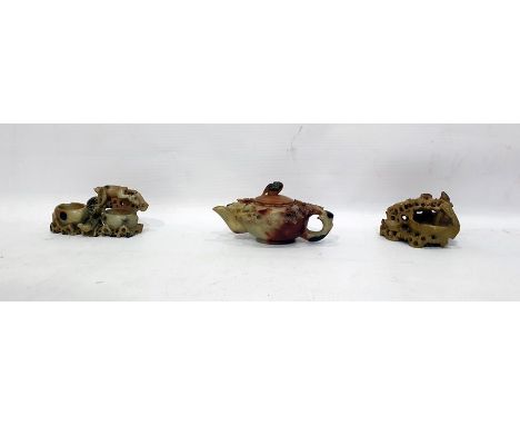 Soapstone teapot with prunus blossom decoration and a bird knop, two other soapstone carvings, Smiths electric alarm clock an