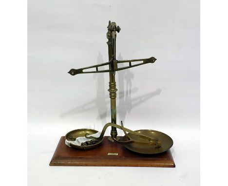Pair of brass and mahogany mounted scales bearing ivorine plaque 'May Robert & Co Ltd, 7, 9 & 11, Clerkenwell Rd, London'