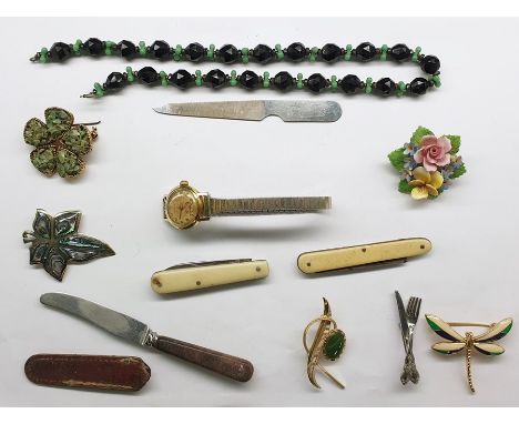 Quantity of costume jewellery including ceramic brooches, necklaces, watches, beads, pen knife, jewellery boxes, etc (1 box)