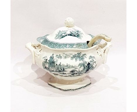 19th century pottery pedestal soup tureen&nbsp;with ladle and lid, transfer-printed, 25cm approx (damaged)&nbsp;