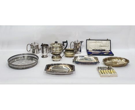 Large quantity of silver plated ware to include table flatware, circular galleried tray, teapot, trophy, etc (1 box) 