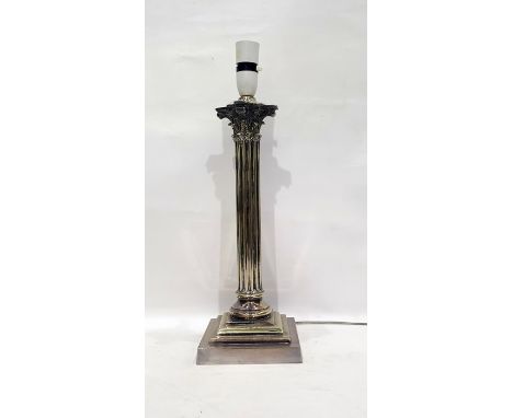 Silver plated Corinthian column candlestick table lamp having incised letters 'GS' to base, 45cm high 