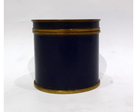 Chinese blue enamel and gilt metal cloisonne canister, cylindrical, lidded, with allover trelliswork decoration, 9cm high&nbs