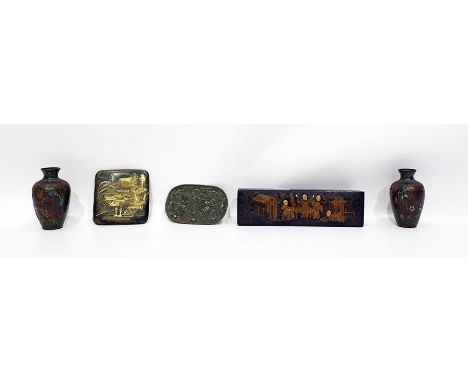 Small pair of Japanese cloisonne enamel vases, ovoid, 9cm high, a lacquer pencil box, a gilt and black lacquer cigarette case