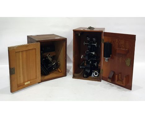 Microscope sample slicer in pine case bearing ivorine plaque 'Hawksley & Sons' and an R & J Beck of London microscope in case