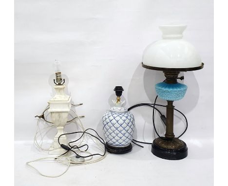 19th century oil lamp converted to electricity, with glass shade and blue glass well and two modern table lamps (3) 