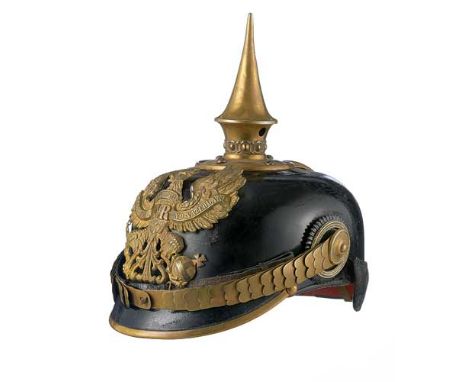 WW1 Prussian Officer’s Picklehaube &amp; Cover. A good Officer’s Picklehaube with rounded front peak and gilt metal fittings.