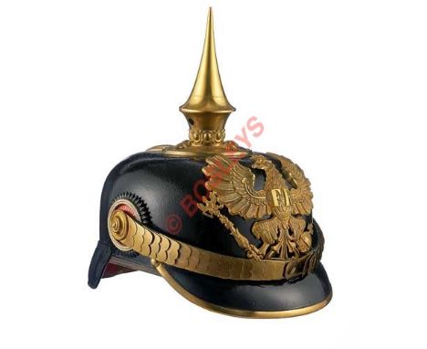 WW1 Prussian Officer’s Picklehaube. A good Officer’s Picklehaube with rounded front peak and gilt metal fittings. Prussian ea