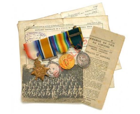 WW1 3rd Bn (Fighting Fusiliers) London Regiment Territorial  Long Service Group of Four Medals. Awarded to “1375 SJT W.W. HAW