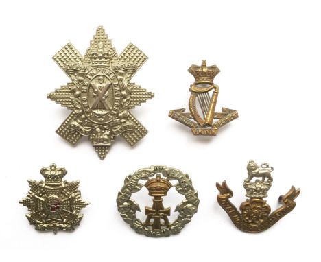 5 Victorian cap badges. Black Watch ... R. Irish ... Border ... Yorkshire ... Loyals. All with fixings. (5 items)   #11; 