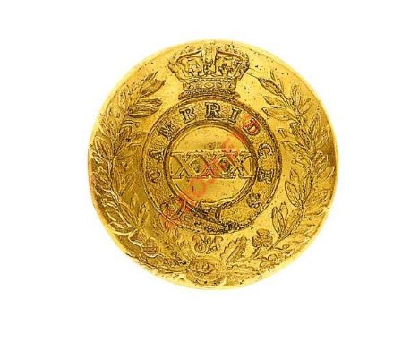 30th (Cambridgeshire) Regiment of Foot Victorian Officer’s gilt closed back coatee button. Crowned strap “Cambridge” with XXX
