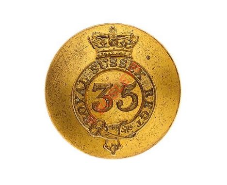 35th (Royal Sussex) Regiment of Foot Victorian Officer’s gilt closed back coatee button. Crowned strap “Royal Sussex Regt” wi