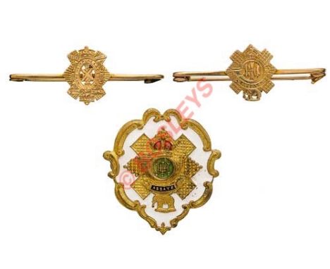 Two Highland Light Infantry Yellow (Gold) Metal Regimental Sweetheart Broochs. The first being: a bar brooch, depicting the R
