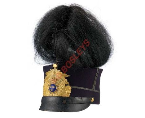 Swedish Officer’s Shako. The shako of dark blue cloth, with bullion cord decoration and to the front a bright gilt shako plat