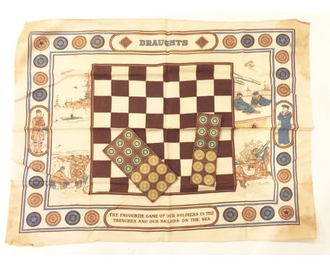 WWI “Tommy’s” Trench Draughts set. An attractive “board” being a linen handkerchief printed with chequered centre, outer bord