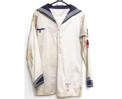 WW2 German Third Reich Summer Kriegsmairne Ratings Uniform. A good scarce white cotton example. The blouse with dark blue col
