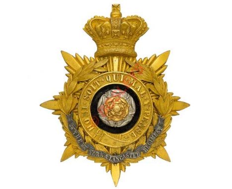 Badge. York and Lancaster Regiment Victorian Officer’s helmet plate circa 1881-1901. A fine rich gilt example. Crowned star m