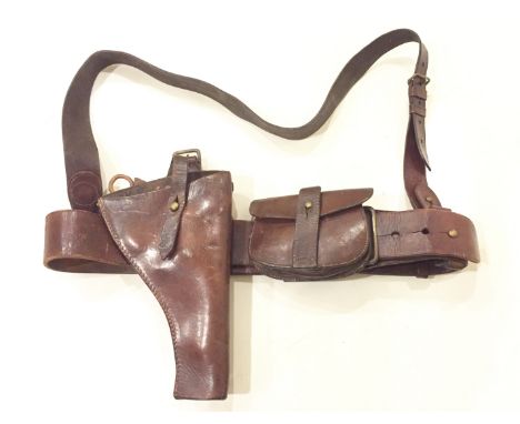 WW1 Period British Army Leather Equipment. Comprising: Officer’s Sam Browne belt with single brace strap. The buckle tang wit