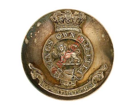 Royal Bucks Militia Officer’s Victorian silvered closed back coatee button. Crowned strap “King’s Own Militia”, lion to centr