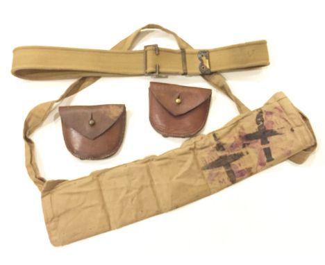 Selection of WW1 British Army Issue Equipment. Comprising: Additional cloth ammunition bandolier with date June 1918 and a nu