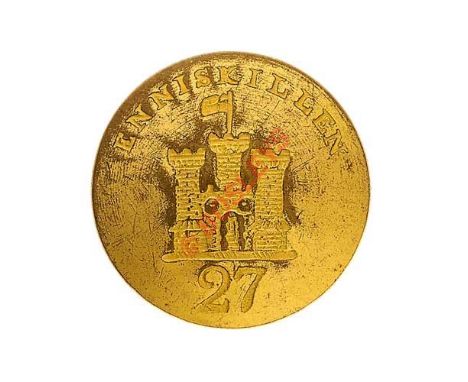 Irish. 27th (Inniskilling) Regiment of Foot Victorian Officer’s gilt closed-back coatee button.  “Enniskilling” over castle w