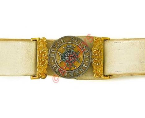 Royal Sussex Regiment Victorian Officer’s Sword Belt. White buff leather belt and slings. Fine gilt and silvered clasp with a