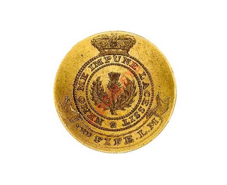 Scottish. 2nd Fifeshire Local Militia Georgian Officer’s gilt open back coatee button circa 1808-16. Crowned Thistle and mott