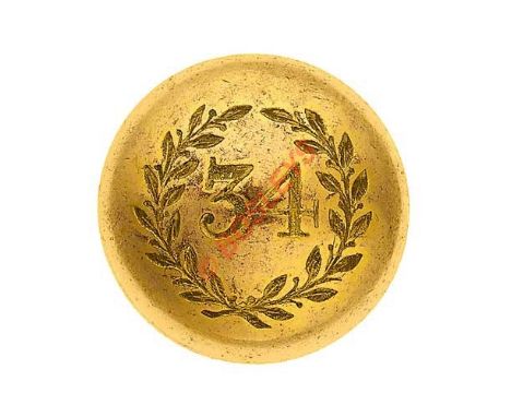 34th (Cumberland) Regiment of Foot Victorian Officer’s gilt closed back coatee button. “34” in laurel wreath by Jennens & Co.