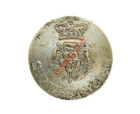 2nd West York Militia OR’s pewter open back coatee button. Crowned Rose over “2nd West York” by Gilpin & Co, London. Complete