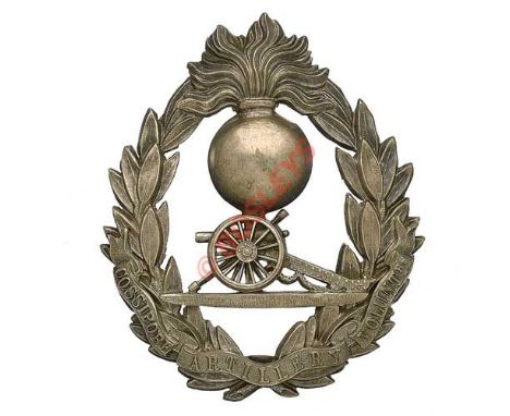 Badge. Cossipore Artillery Volunteers helmet plate. A fine and extremely rare die struck silvered example. Within an oval lau