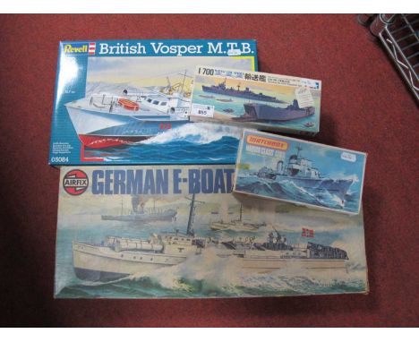Four plastic model military warship, boat kits by Airfix, Revell, Tamiya, Matchbox to include Airfix 1:72 #10280-1 German E-B