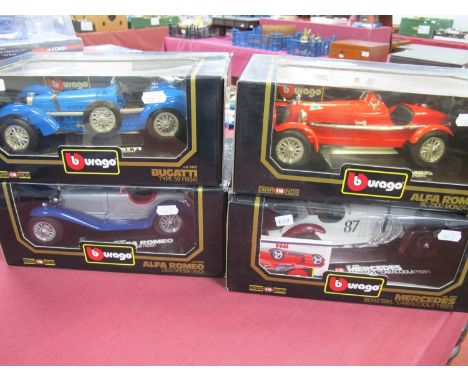 Four Burago 1:18th scale diecast model cars comprising of Alfa Romeo Spider (1932), Alfa Romeo 8C 2300 Monza (1931), Bugatti 