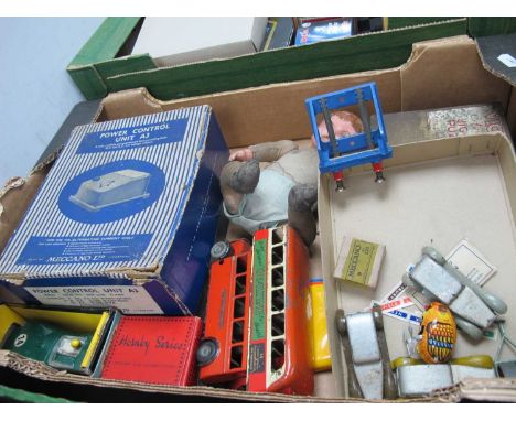 A collection of miscellaneous vintage toys including Minic Toys London Transport double decker bus, a boxed Scalextric MM/EE1