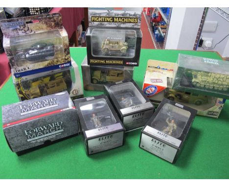 Ten military themed diecast model vehicles and white metal figures by Corgi, W Britain, Schuco, Solido and other including Co