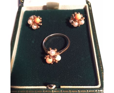 Dress ring and matching pearl and coral earrings in 9ct gold mts.