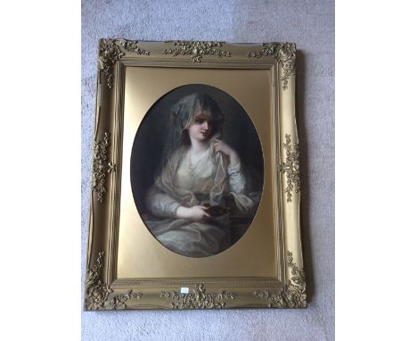 Oil on canvas portrait if a lady in a veil with an oil lamp
